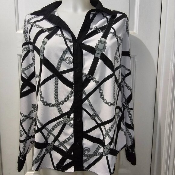 Michael Kors Chain Print Button-Up Blouse – Black & White Silk-Feel, Bold & Luxe - Picture 1 of 4